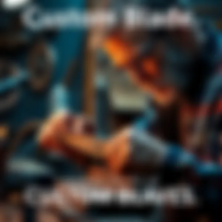 A skilled artisan shapes a custom knife blade with precision tools in a workshop