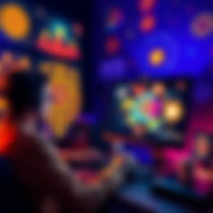 A person creating a custom Displate artwork on a computer, surrounded by colorful designs
