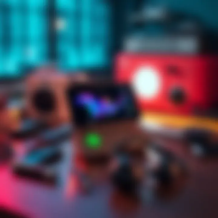 A personalized handheld device with unique features and designs, showcasing various colors and accessories on a table.