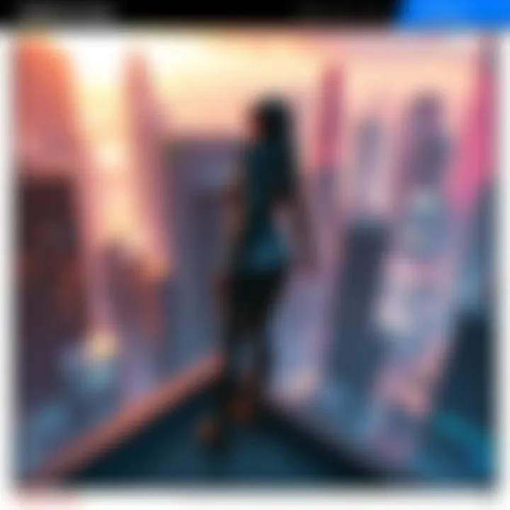 A character representing the custom protagonist stands on a rooftop overlooking a vibrant, reactive cityscape, symbolizing dual paths and personal choices in gameplay.