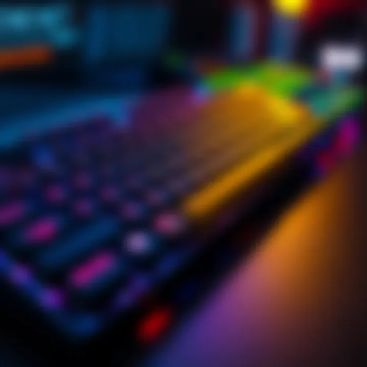 A close-up view of a custom Arc-themed keyboard showcasing its unique keycaps and color scheme