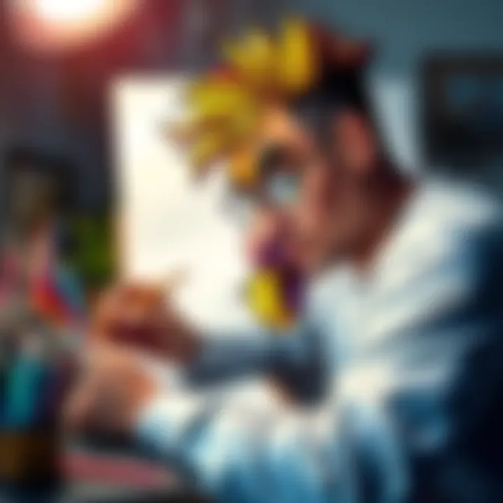 An artist creating a colorful custom drawing of a unique character, showcasing creativity and artistic expression.