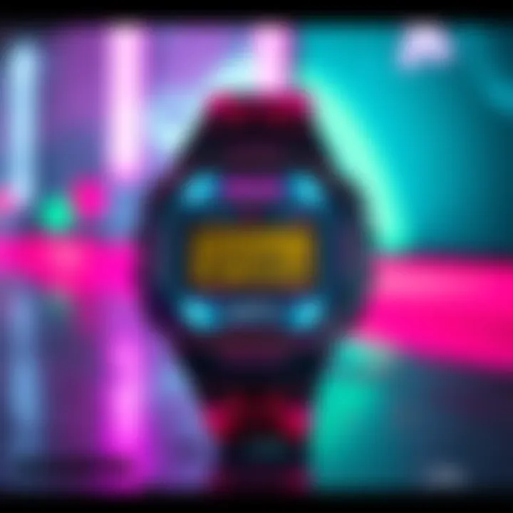 Custom Cyberpunk Casio Watch A transformed Casio AE1200 watch featuring a bright cyberpunk design with neon colors and unique graphics.