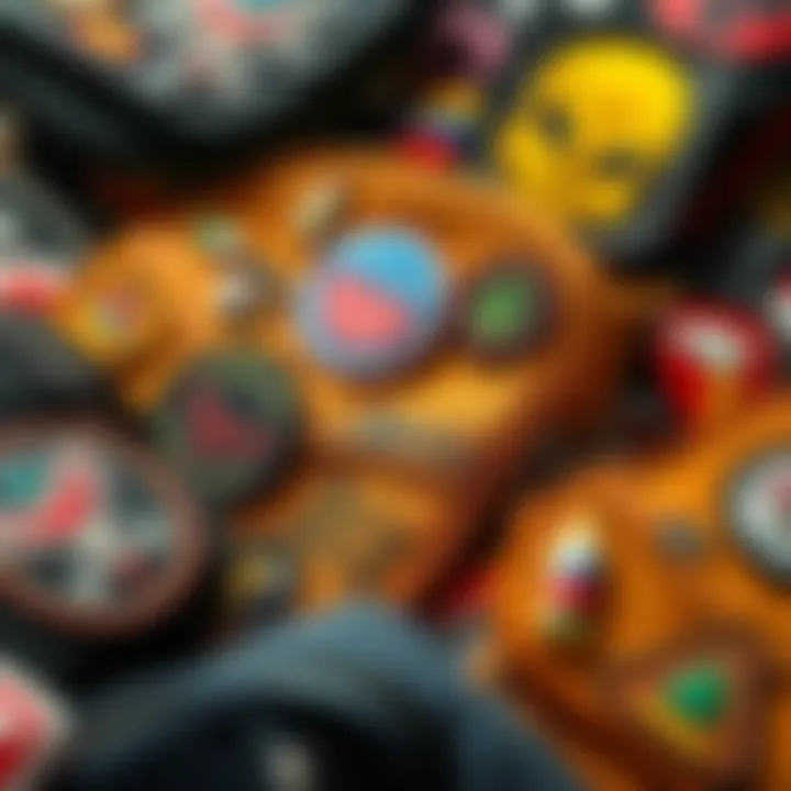 A collection of colorful custom DIY patches attached to various bags, showcasing unique designs and styles.