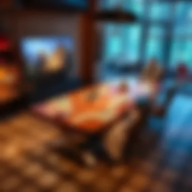 A custom-designed D&D table with five player spots, a hydraulic TV, and terrain boards for an immersive game night experience.