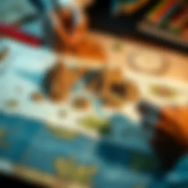 A person drawing a fantasy map on paper with colored pencils, showcasing a mountain and river design