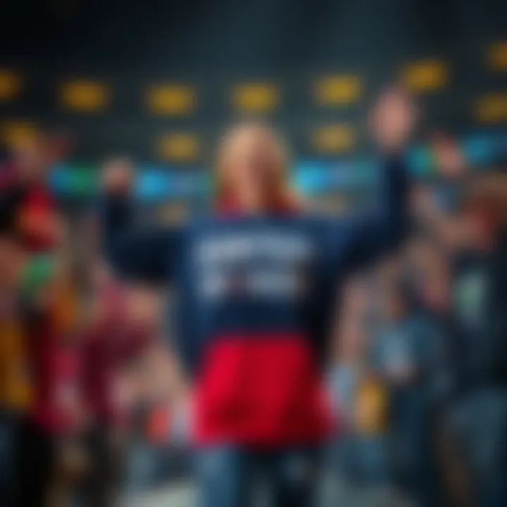 A woman proudly displays her custom-designed hoodie supporting her team, surrounded by excited fans.