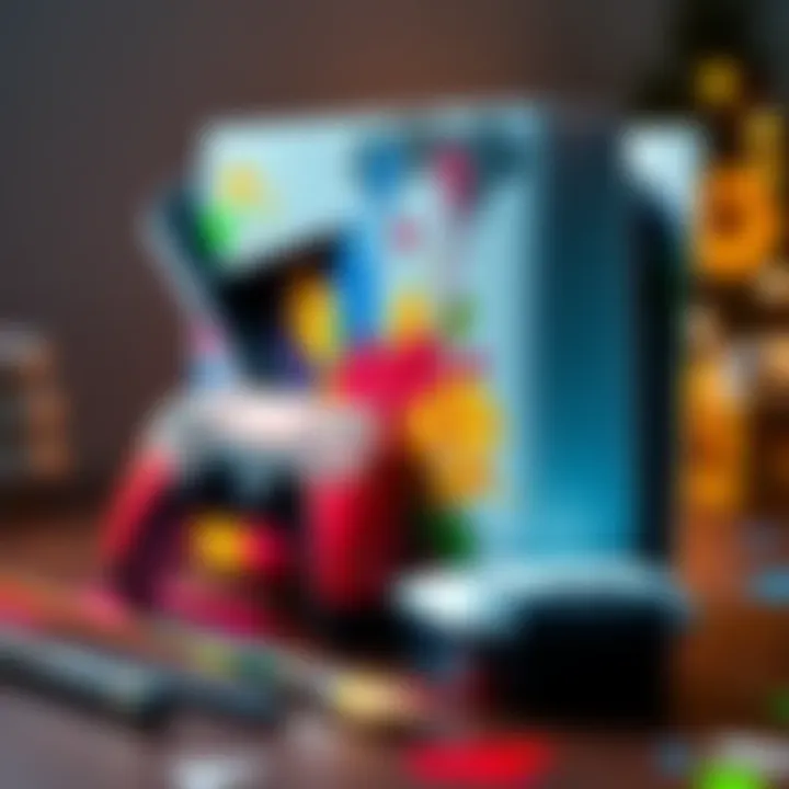 Custom Painted PS5 Console A PlayStation 5 console with a colorful custom paint job and brushes beside it.