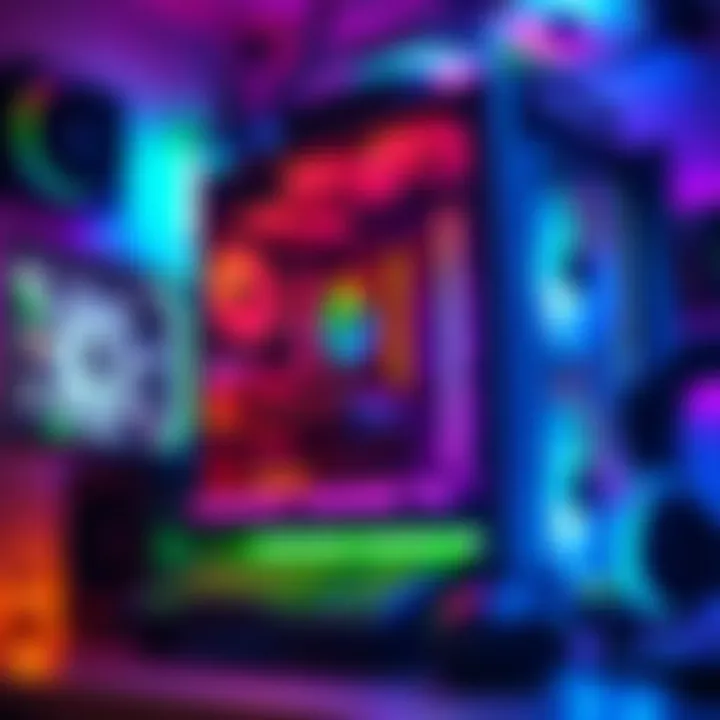A high-end custom PC setup with RGB lighting and gaming peripherals, showcasing different components like CPU and GPU.