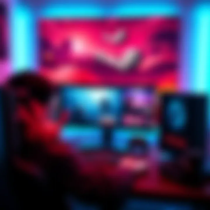 A gamer uploads custom screenshots to Steam, displaying gaming moments with a computer and gaming setup in the background.