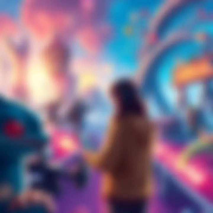 An illustration showing a vibrant, imaginative video game world with a character designing their own game setting and rules, surrounded by various game elements like creatures and landscapes.