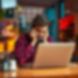 Customer Frustration with Support Team A frustrated customer sitting at a desk with a laptop, showing disappointment over lack of support from a company's team regarding false advertising.