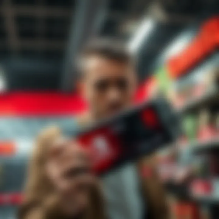 Customer looking worried while holding a scratched Nintendo Switch console at a GameStop store
