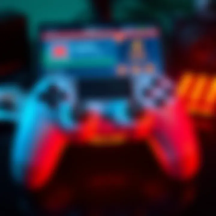 Customizable Game Controller A game controller with highlighted buttons and a digital display showing keybind options and crosshair customization features.