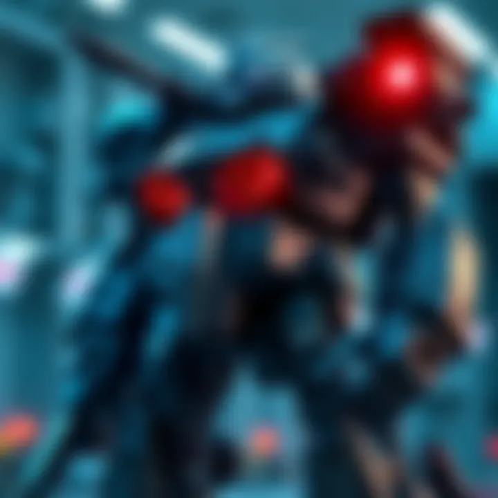 A detailed view of a customizable mecha robot with various parts being replaced and adjusted for combat readiness.