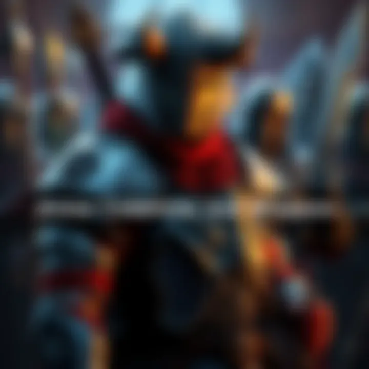 Customizable medieval armor and weapons A character showcasing different styles of armor and various weapons in a medieval game setting