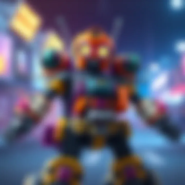 A colorful robot with various customizable parts and features, showcasing a variety of designs and accessories for player choices.