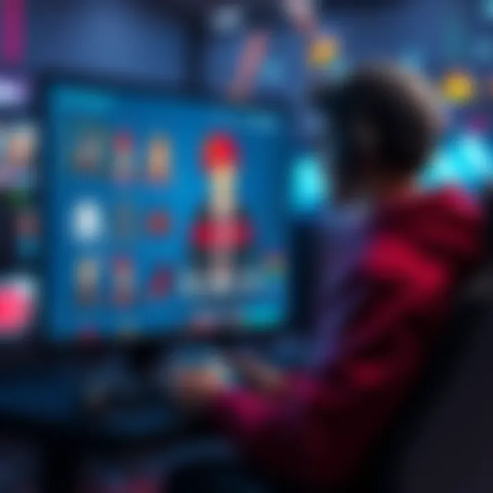 A gamer customizing a character's appearance on a screen, showing various options like clothing, hairstyles, and accessories.