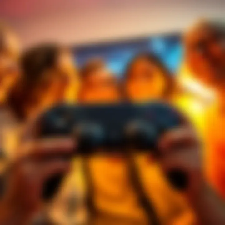 A game controller with two buttons labeled 'hello' and 'beer', being used by a person with a joyful expression, surrounded by friends laughing.