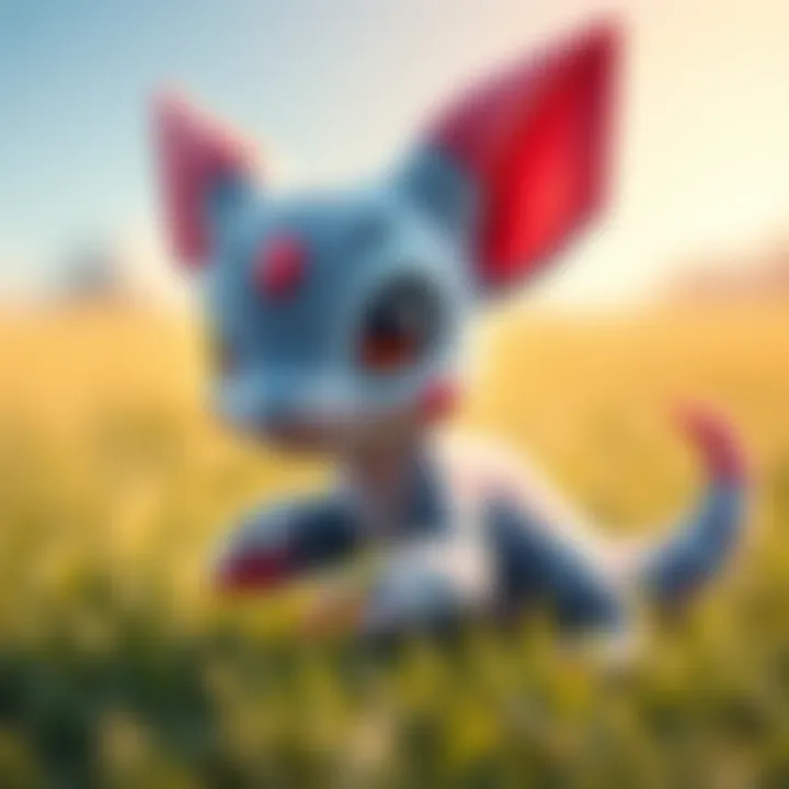 An adorable baby graphorn with big eyes and soft scales, playing in a grassy field