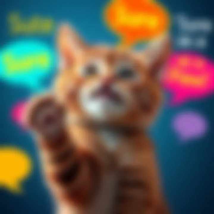 A playful cat holding its paw up, symbolizing the phrase 'Sure as a Paw', surrounded by colorful speech bubbles