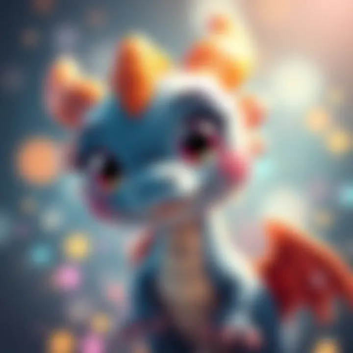 A charming cartoon dragon with big eyes and a playful smile, surrounded by colorful sparkles