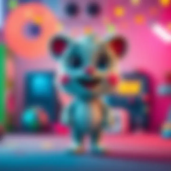 Cute character in a playful pose A cute character with big eyes and a cheerful smile, standing in a playful pose, surrounded by colorful elements that attract attention, signaling a need for animation to enhance engagement.