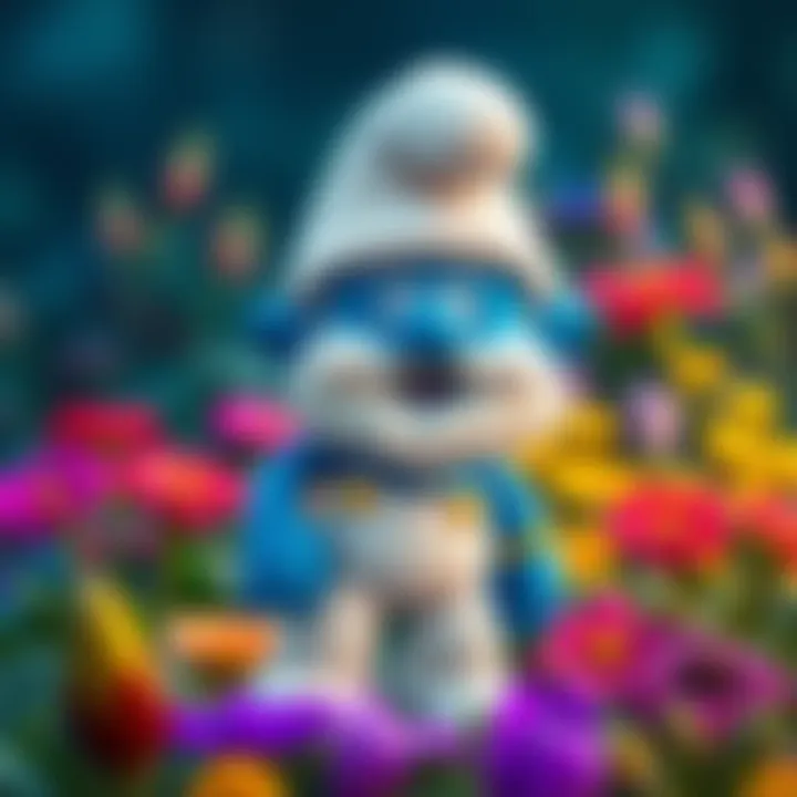 Cute character resembling a smurf A playful blue character with a white hat and pants, standing in a cheerful pose amidst colorful flowers.