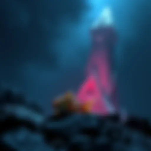 Cute Fish Found at Spire of Nerathul A small, adorable fish resting at the base of a tall spire in a dark environment