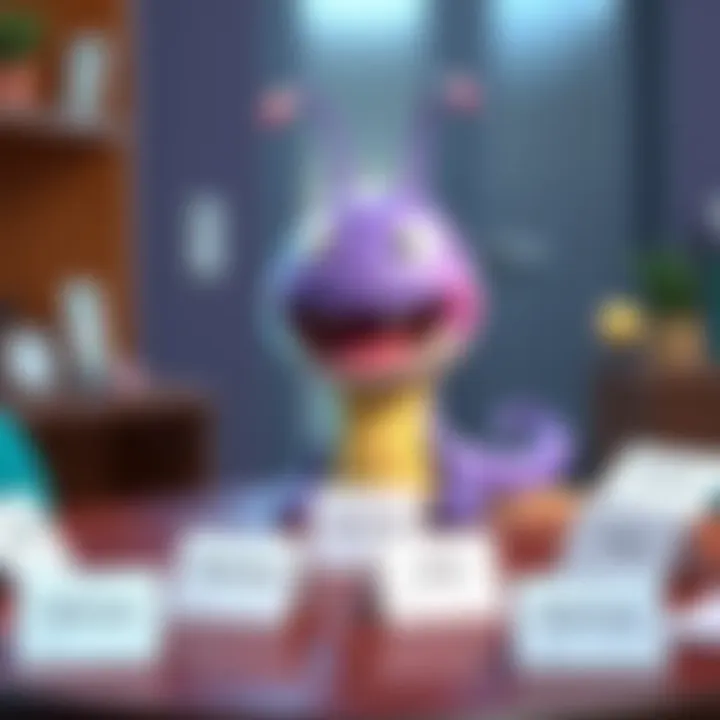 Cute Helminth Character A cheerful cartoon helminth with a big smile and colorful body, sitting on a table surrounded by suggestion cards for names