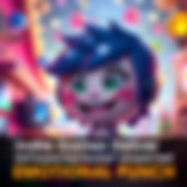 A colorful, cute game character with big eyes and a cheerful expression, standing in a vibrant, whimsical setting