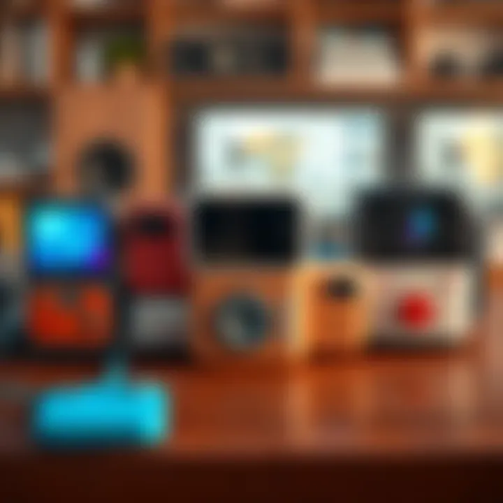 A collection of charming low-power devices with unique designs on a wooden table, showcasing their compact size and appealing features.