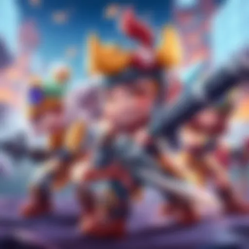 Colorful cartoon characters with weapons in a fantasy setting, engaging in combat while smiling, representing a mix of RPG elements and fun aesthetics.