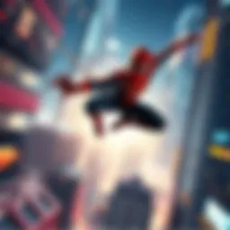 A Cyber-Ninja Spiderman swings through a futuristic city, showcasing agility and dynamic movement.