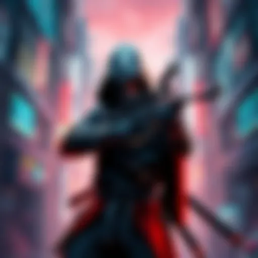 A cyber assassin character wielding a katana and holding a sniper rifle, showcasing a focused stance while in a high-tech urban environment, emphasizing strength without quickhacks.