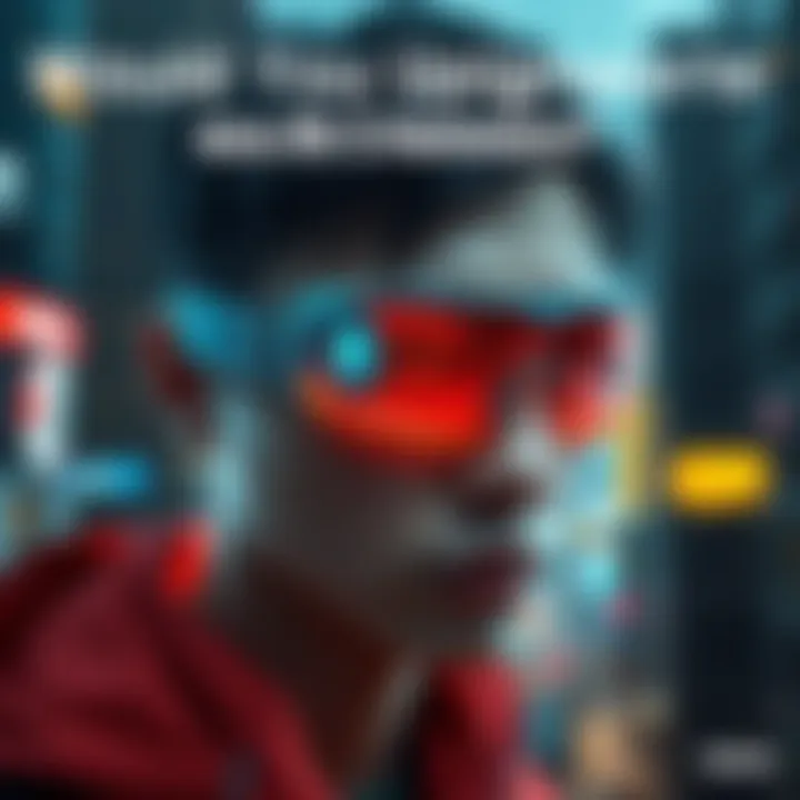 A person displaying Kiroshi optics, featuring a sleek, high-tech eye implant that enhances vision, surrounded by a futuristic cityscape.