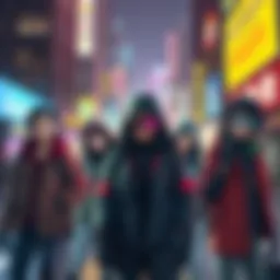 Various characters from Cyberpunk Edgerunners 2 showing individual styles and roles in a vibrant city setting