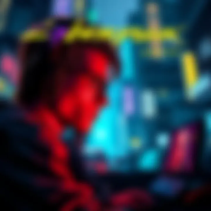 A gamer looks frustrated while playing Cyberpunk on very hard difficulty, surrounded by dark, neon-lit city scenery.