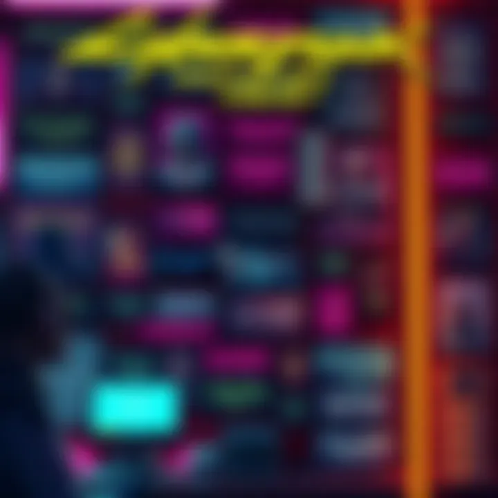 A digital illustration showing a wall filled with memorable quotes from Cyberpunk 2077 characters, surrounded by neon lights and futuristic elements.