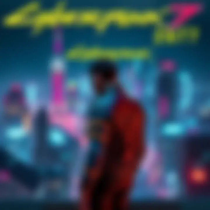 A futuristic cityscape at night with neon lights, featuring a character in a stylish jacket and cybernetic enhancements, looking over the city.