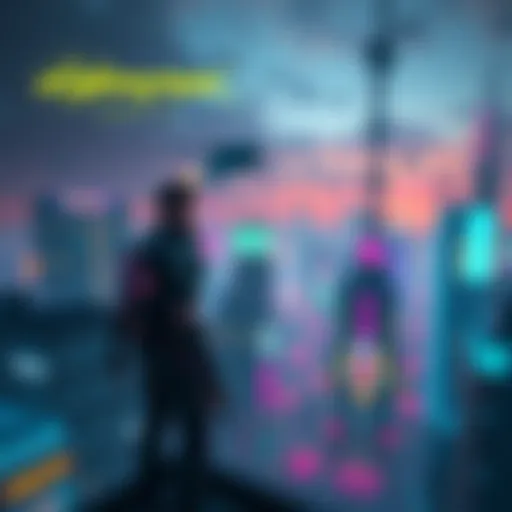 A futuristic city skyline with neon lights and flying cars, featuring a character in a cybernetic outfit standing on a rooftop, gazing at the bustling streets below.