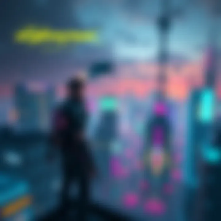 A futuristic city skyline with neon lights and flying cars, featuring a character in a cybernetic outfit standing on a rooftop, gazing at the bustling streets below.