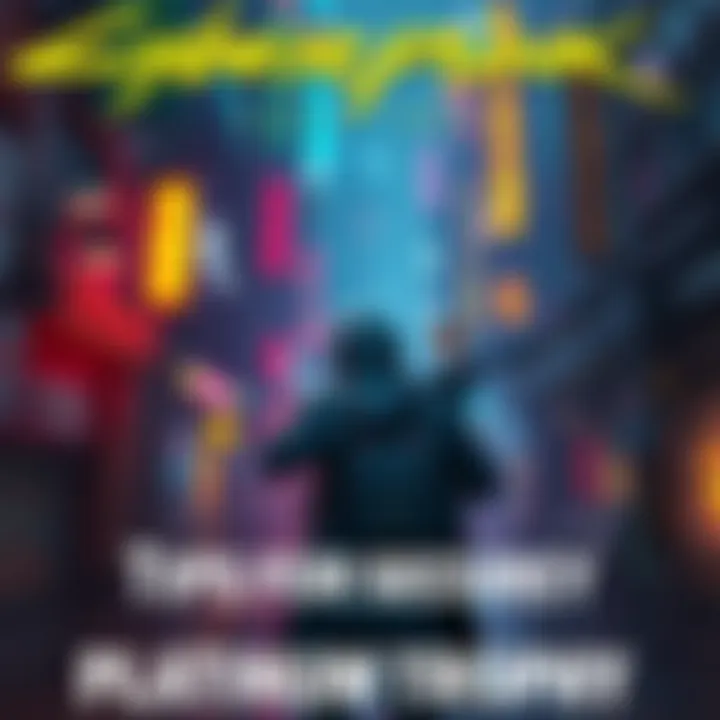 A player character in a futuristic city environment with neon lights in Cyberpunk 2077, aiming for trophies