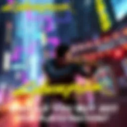 A character in a futuristic cityscape engaging in combat with vibrant neon lights and high-tech visuals