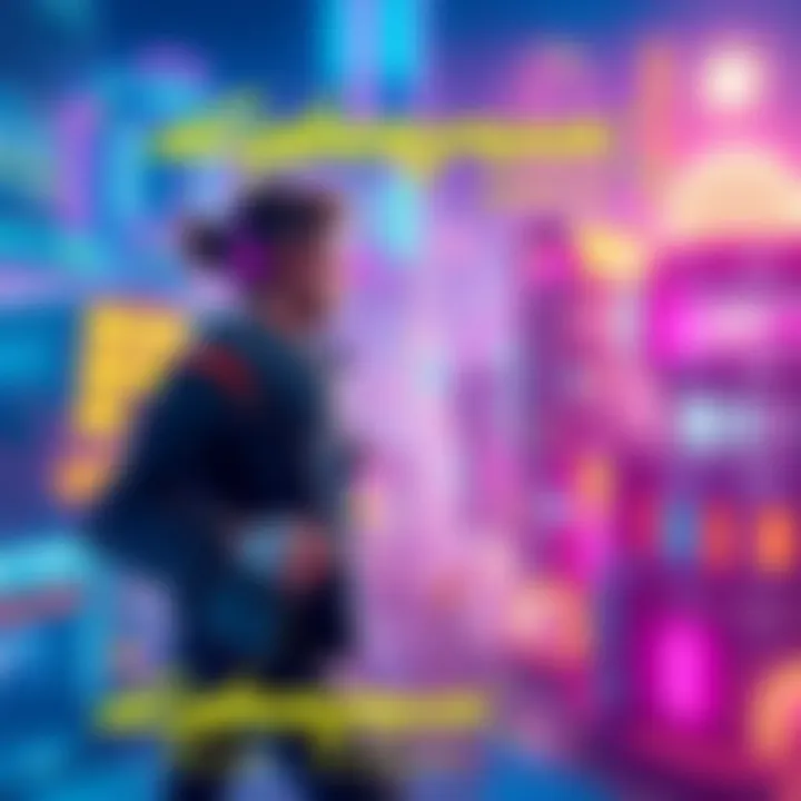 A dynamic scene from Cyberpunk 2077 showing a vibrant cityscape with futuristic buildings and a character in a cybernetic outfit interacting with the environment.