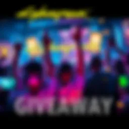 Gamers celebrating a Cyberpunk 2077 giveaway with bright colors and game-themed graphics