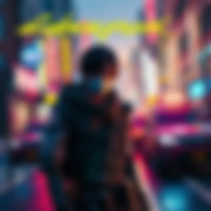 A character from Cyberpunk 2077, V, in a futuristic city environment showcasing the first person perspective, emphasizing immersion in the gameplay. Vehicles and neon lights are visible in the background.