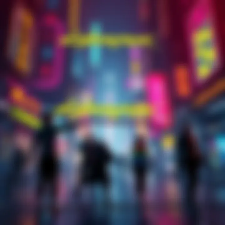 A vibrant scene from Cyberpunk 2077 showing a futuristic city with colorful neon lights and characters in advanced outfits, highlighting the game's graphics and atmosphere.