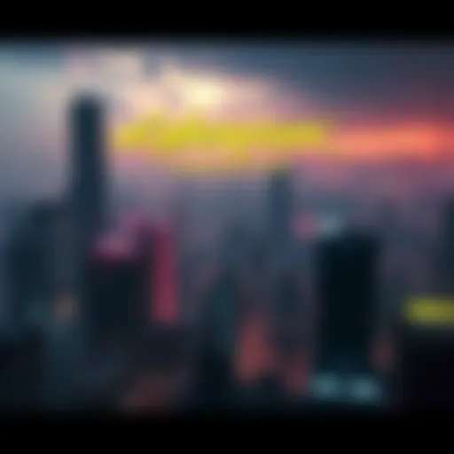 A futuristic city skyline inspired by a flawed Chicago, featuring neon lights and a dark atmosphere, hinting at elements from Night City.