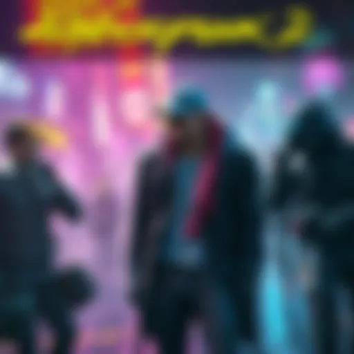A vibrant scene showcasing diverse characters representing different lifepaths in Cyberpunk 2, including a Nomad, a Street Kid, and a Corpo, each with unique styles and gear.